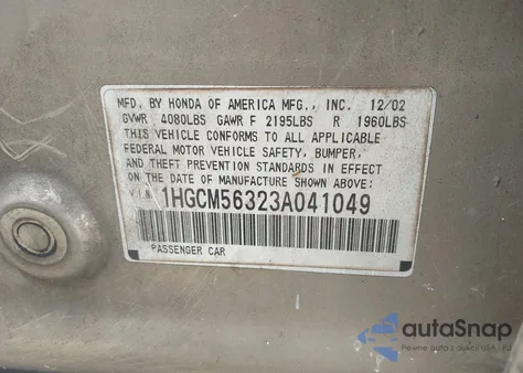 2003 Honda Accord 2.4 Lx from USA, damaged, VIN 1HGCM56323A041049